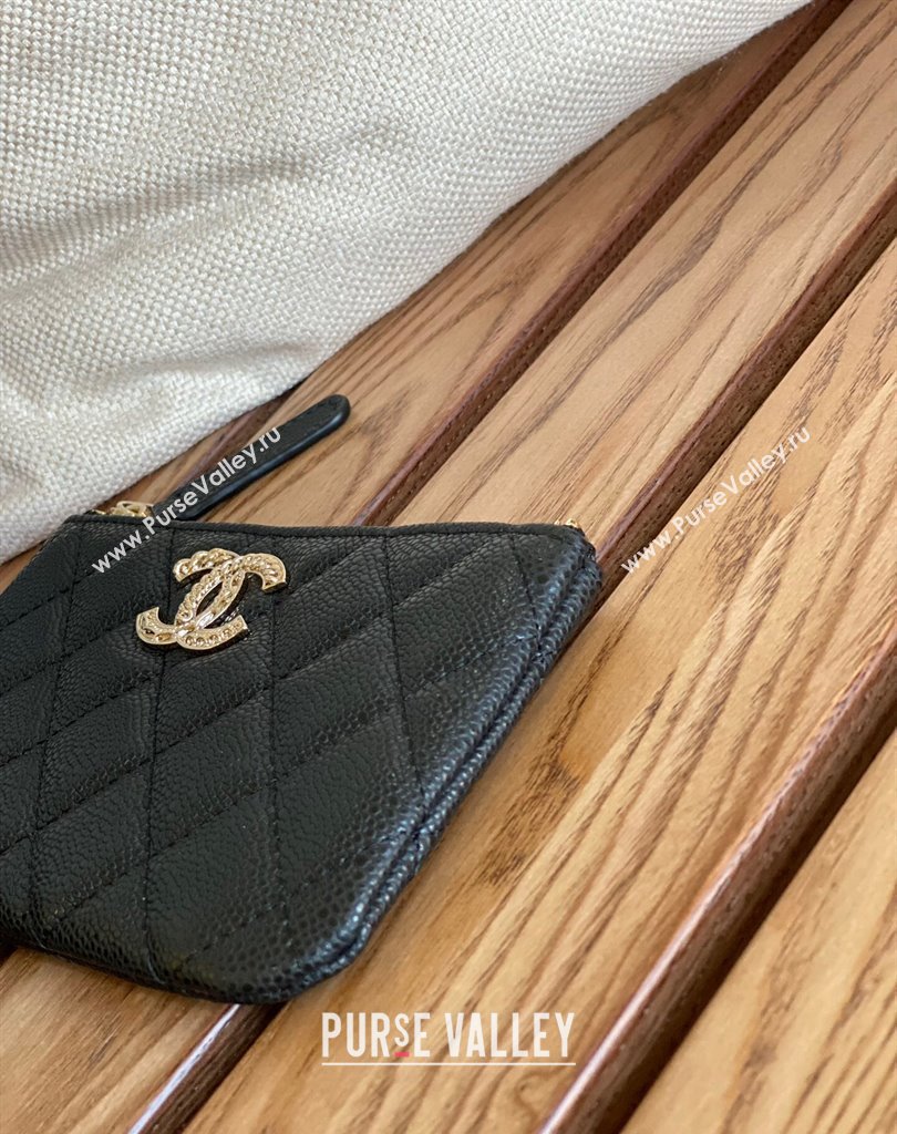 Chanel Gold-Tone Metal Logo Zip Card Holder AP3049 in Grained Calfskin Black (keke-23101144)