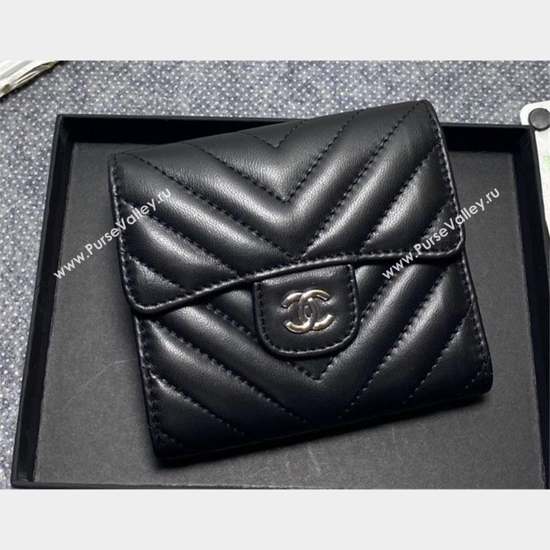 Chanel Classic Small Flap Wallet AP0231 in Lambskin Chevron Black/Silver (keke-23101002)