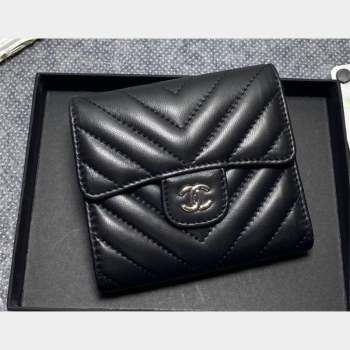 Chanel Classic Small Flap Wallet AP0231 in Lambskin Chevron Black/Silver (keke-23101002)