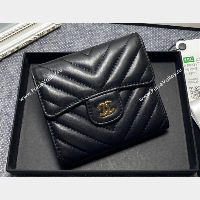 Chanel Classic Small Flap Wallet AP0231 in Lambskin Chevron Black/Gold (keke-23101001)