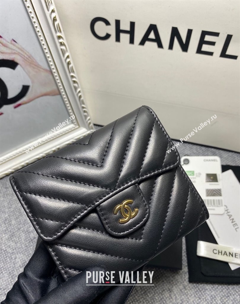 Chanel Classic Small Flap Wallet AP0231 in Lambskin Chevron Black/Gold (keke-23101001)
