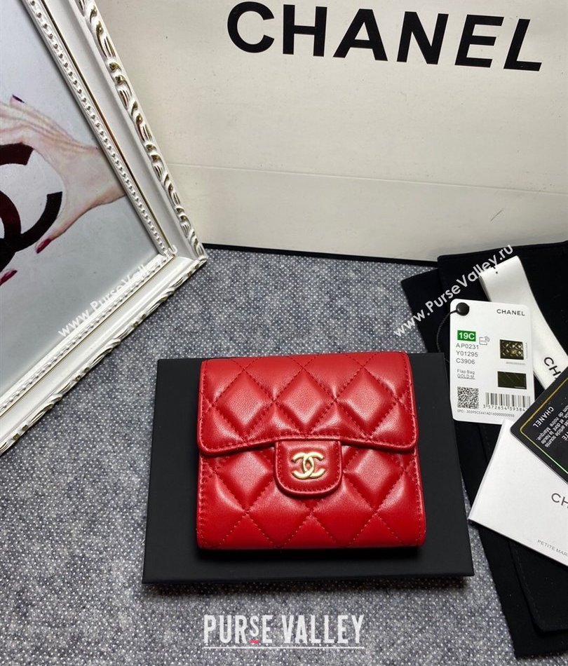 Chanel Classic Small Flap Wallet AP0231 in Lambskin Red/Gold (keke-23101005)