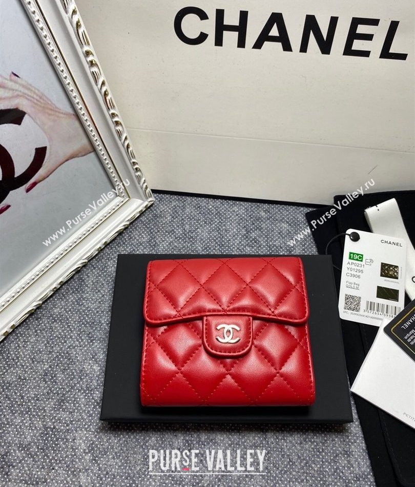 Chanel Classic Small Flap Wallet AP0231 in Lambskin Red/Silver (keke-23101006)