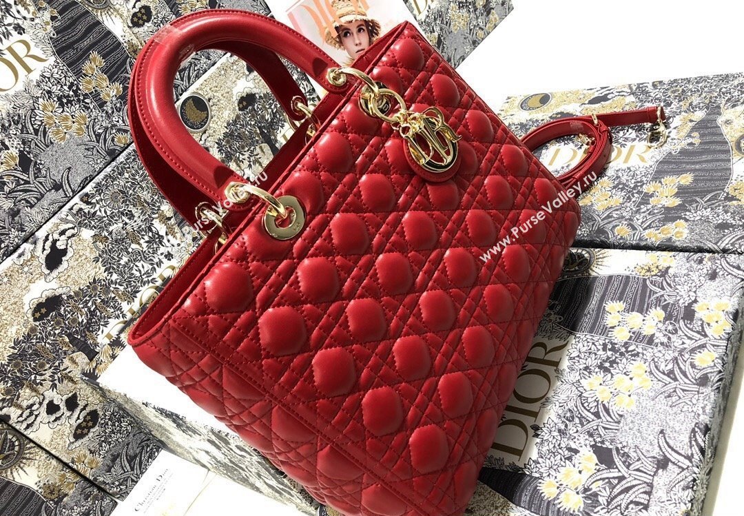 Dior Large Lady Dior Bag in Cannage Lambskin Red (xinyidai-23101402)