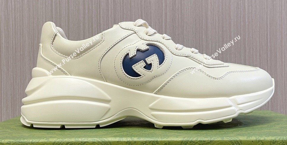 Gucci leather Rhyton Women/Men Sneakers with Contrasting Interlocking G cut-out White/Blue 2023 (modeng-23111437)