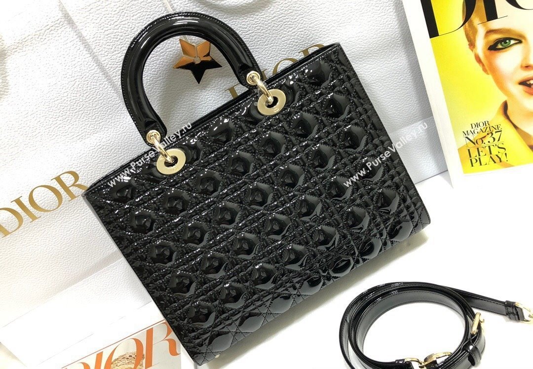 Dior Large Lady Dior Bag in Patent Cannage Calfskin Black (xinyidai-23101407)