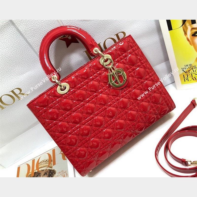 Dior Large Lady Dior Bag in Patent Cannage Calfskin Red (xinyidai-23101408)