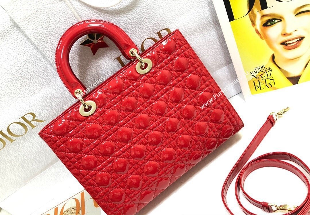 Dior Large Lady Dior Bag in Patent Cannage Calfskin Red (xinyidai-23101408)