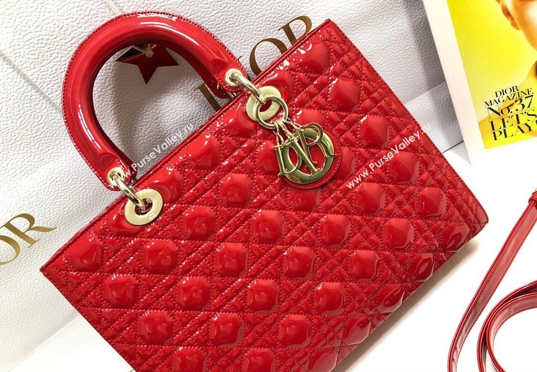 Dior Large Lady Dior Bag in Patent Cannage Calfskin Red (xinyidai-23101408)