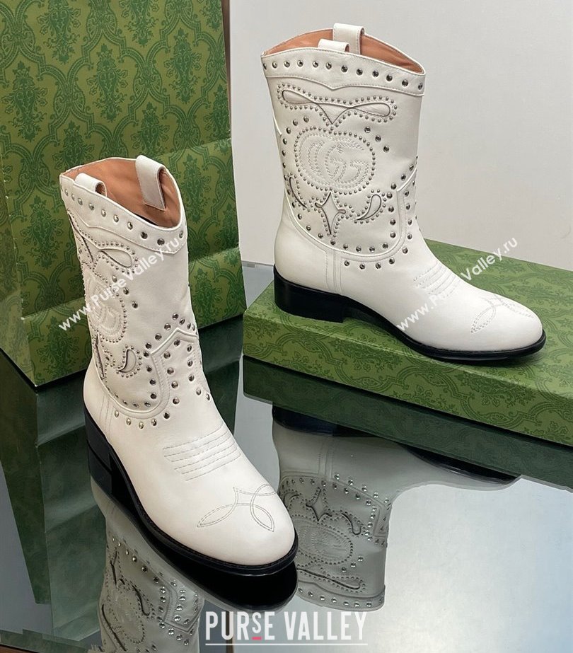 Gucci Heel 4cm Leather Boots with Double G and studs 750508 White 2023 (modeng-23103014)