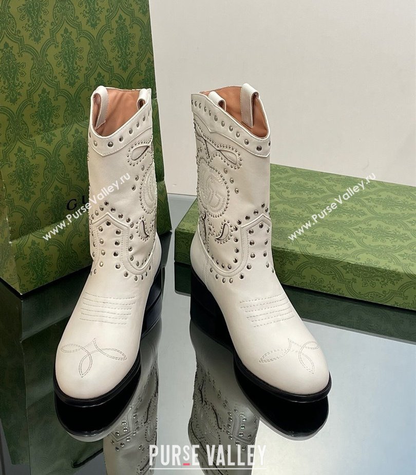 Gucci Heel 4cm Leather Boots with Double G and studs 750508 White 2023 (modeng-23103014)