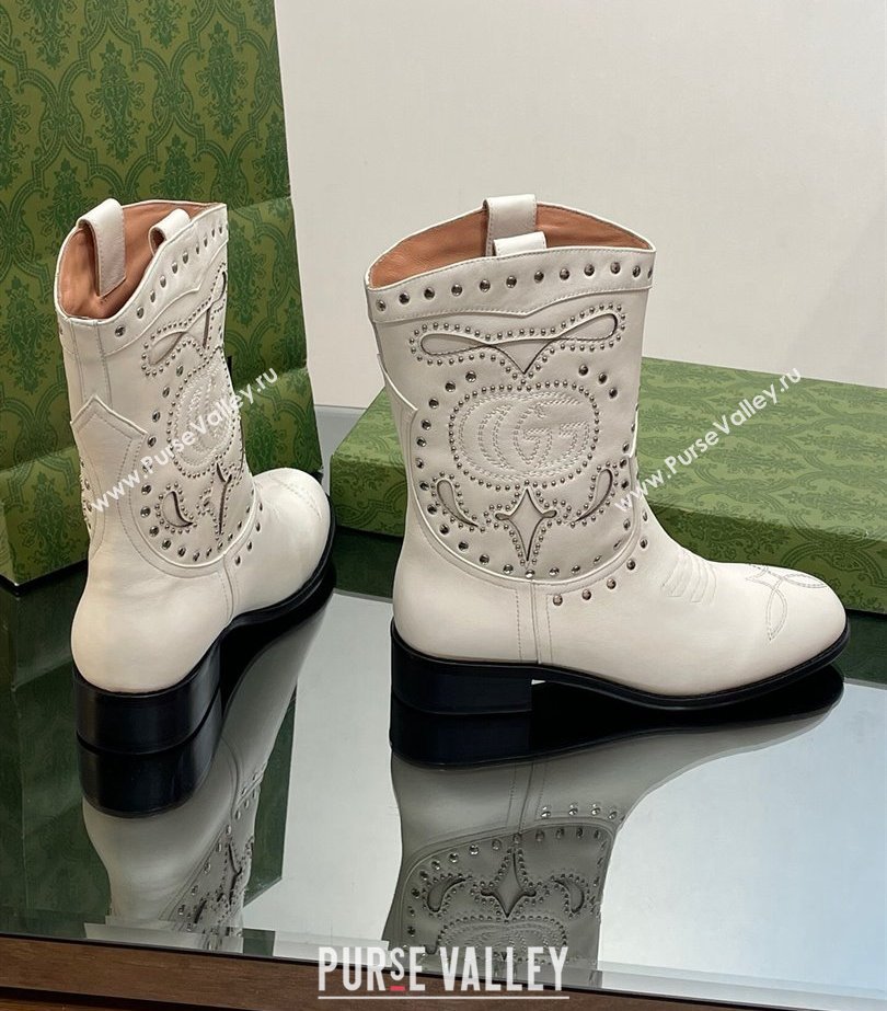 Gucci Heel 4cm Leather Boots with Double G and studs 750508 White 2023 (modeng-23103014)