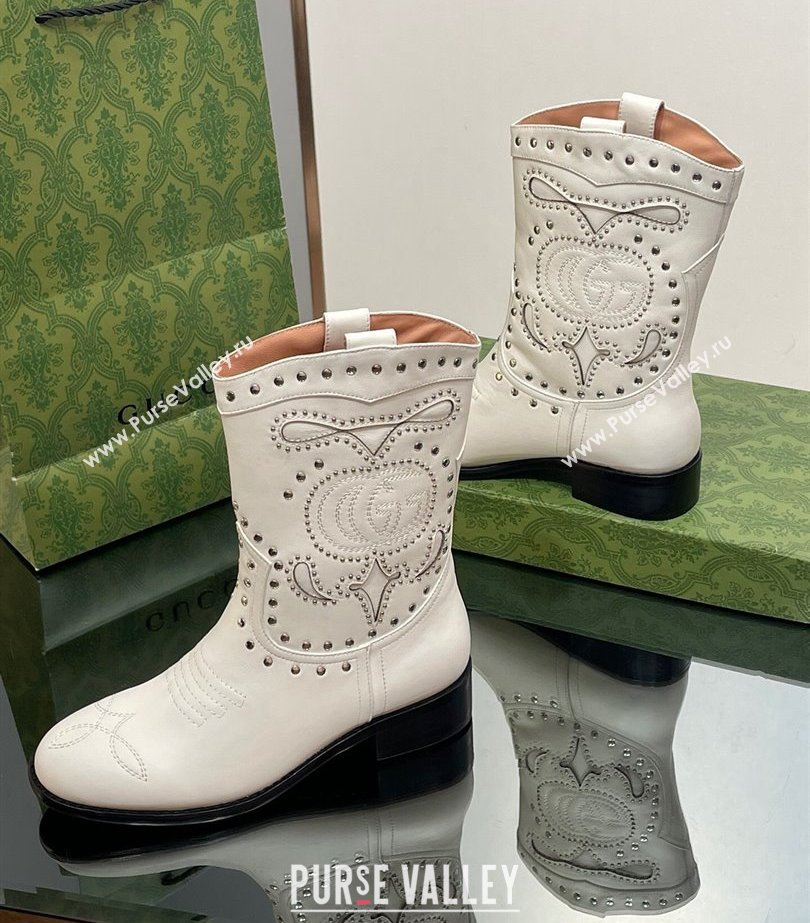 Gucci Heel 4cm Leather Boots with Double G and studs 750508 White 2023 (modeng-23103014)