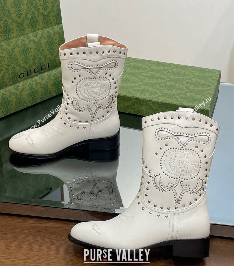 Gucci Heel 4cm Leather Boots with Double G and studs 750508 White 2023 (modeng-23103014)