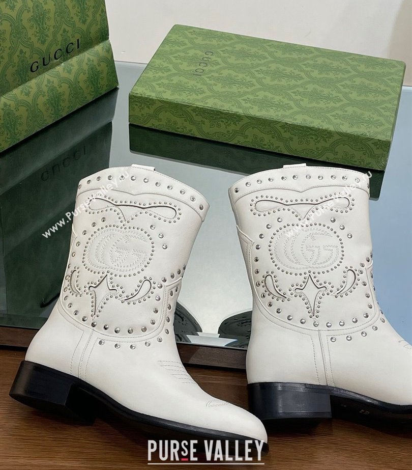 Gucci Heel 4cm Leather Boots with Double G and studs 750508 White 2023 (modeng-23103014)