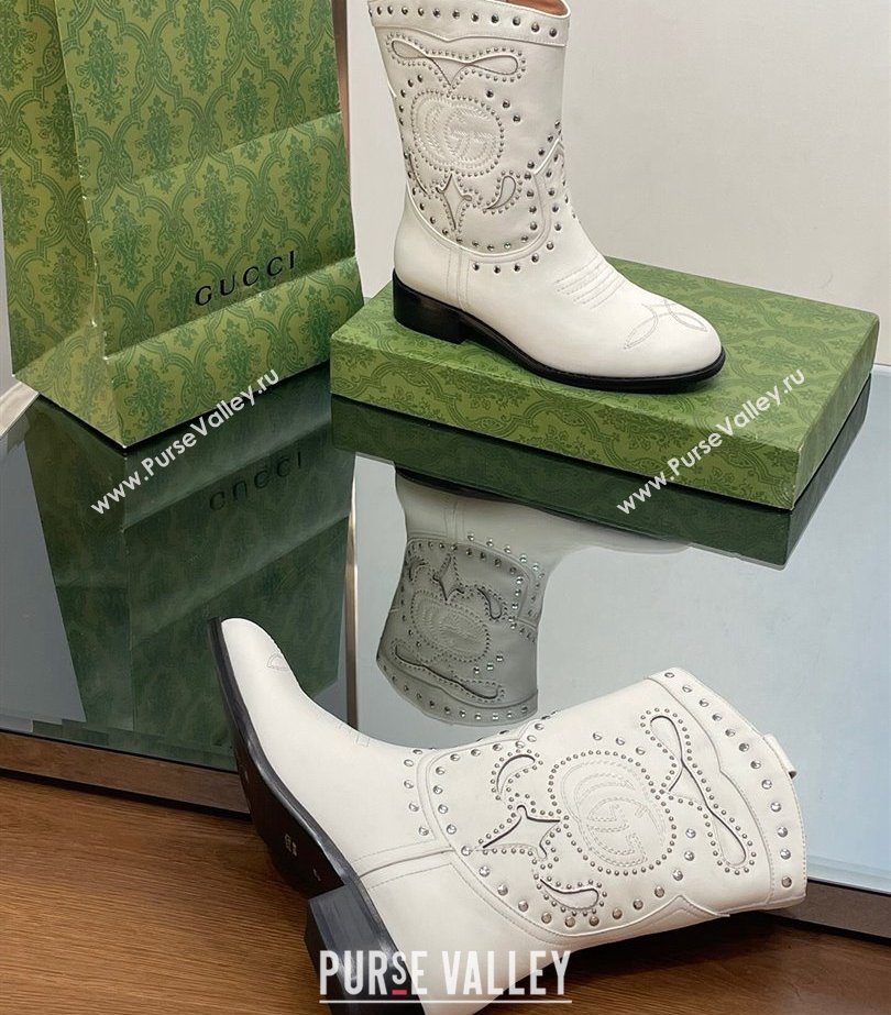 Gucci Heel 4cm Leather Boots with Double G and studs 750508 White 2023 (modeng-23103014)