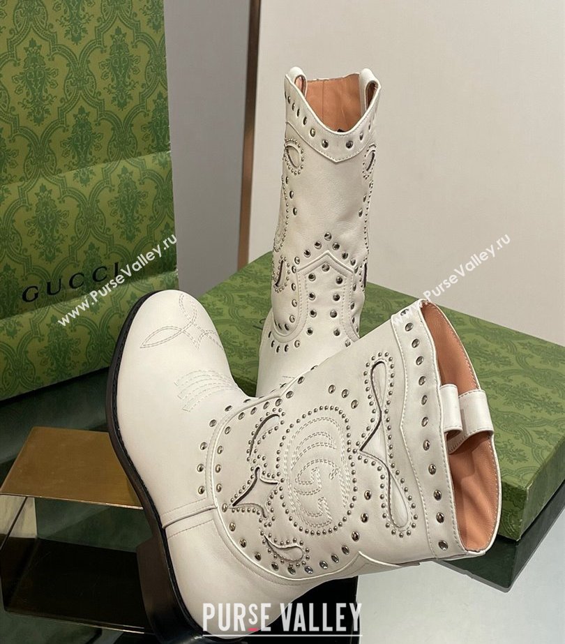 Gucci Heel 4cm Leather Boots with Double G and studs 750508 White 2023 (modeng-23103014)