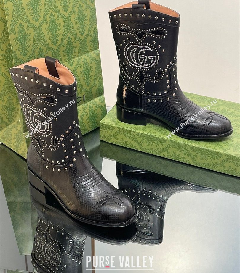 Gucci Heel 4cm Leather Boots with Double G and studs 750508 Black 2023 (modeng-23103013)
