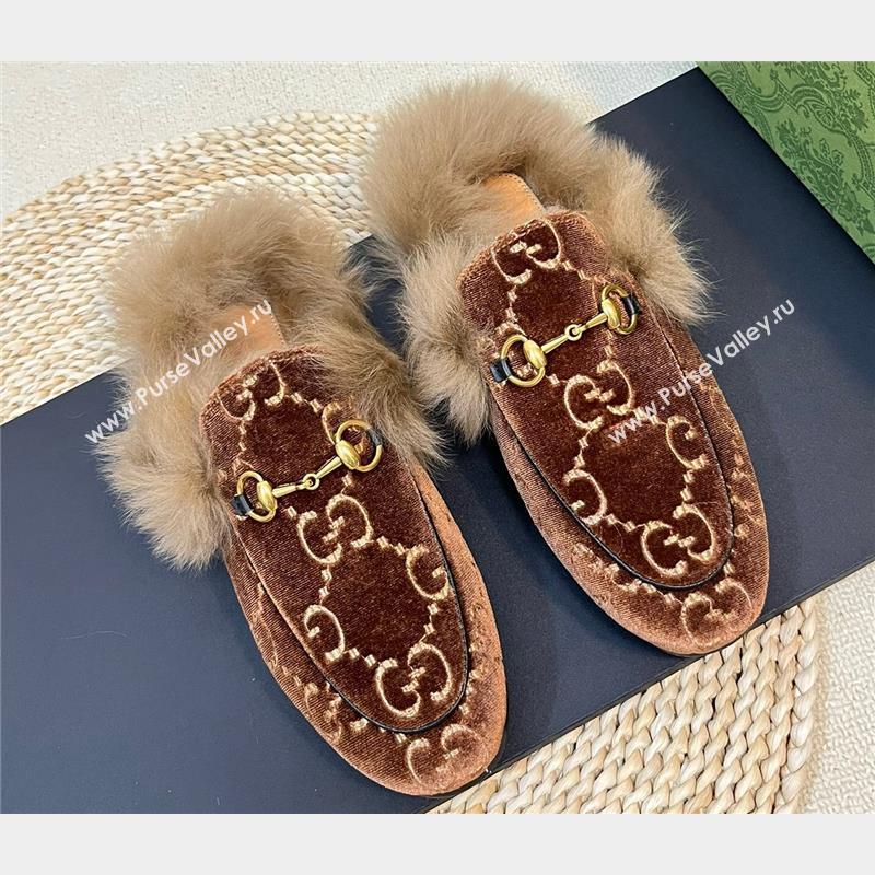 Gucci Wool Fur 2015 Re-Edition womens Princetown Slipper with Horsebit 397749 Jumbo GG Velvet Brown 01 2023 (modeng-23103066)