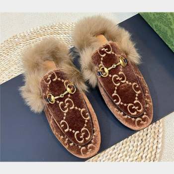 Gucci Wool Fur 2015 Re-Edition womens Princetown Slipper with Horsebit 397749 Jumbo GG Velvet Brown 01 2023 (modeng-23103066)