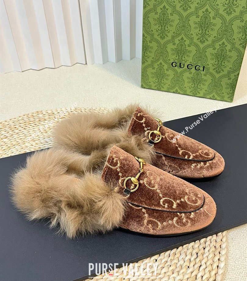 Gucci Wool Fur 2015 Re-Edition womens Princetown Slipper with Horsebit 397749 Jumbo GG Velvet Brown 01 2023 (modeng-23103066)