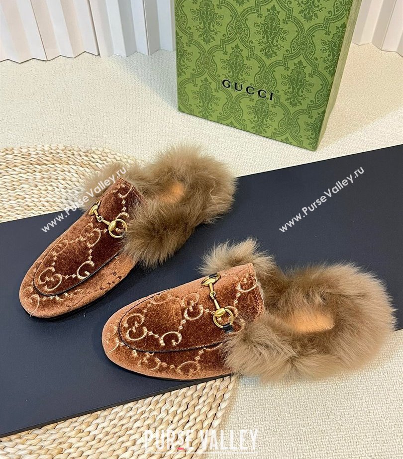 Gucci Wool Fur 2015 Re-Edition womens Princetown Slipper with Horsebit 397749 Jumbo GG Velvet Brown 01 2023 (modeng-23103066)