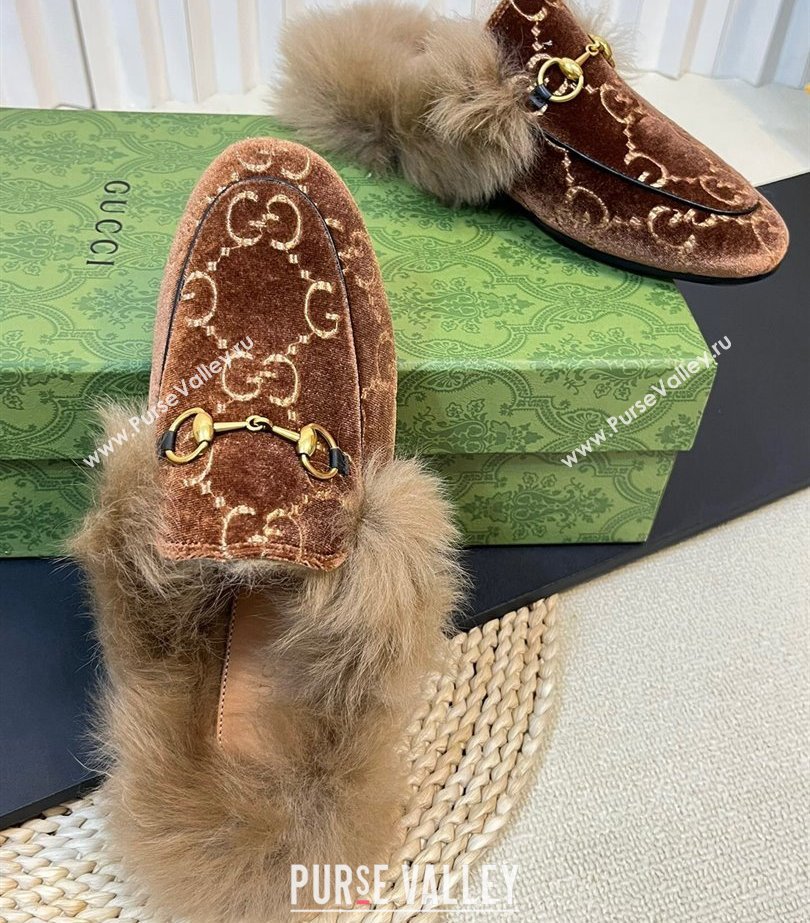 Gucci Wool Fur 2015 Re-Edition womens Princetown Slipper with Horsebit 397749 Jumbo GG Velvet Brown 01 2023 (modeng-23103066)