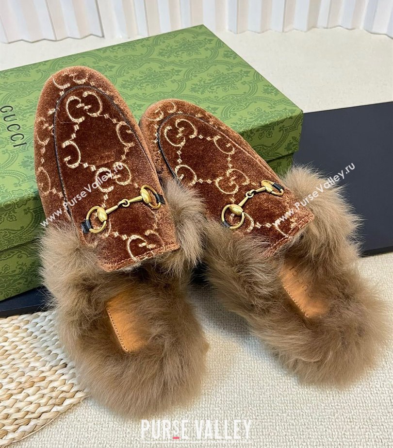 Gucci Wool Fur 2015 Re-Edition womens Princetown Slipper with Horsebit 397749 Jumbo GG Velvet Brown 01 2023 (modeng-23103066)