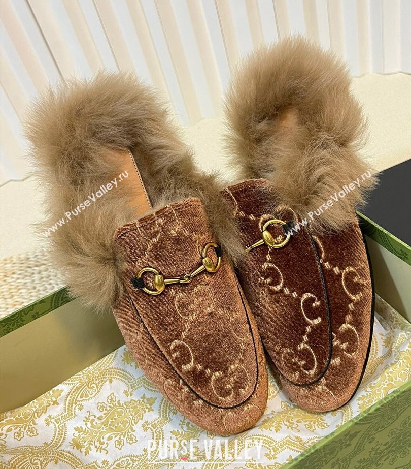Gucci Wool Fur 2015 Re-Edition womens Princetown Slipper with Horsebit 397749 Jumbo GG Velvet Brown 01 2023 (modeng-23103066)