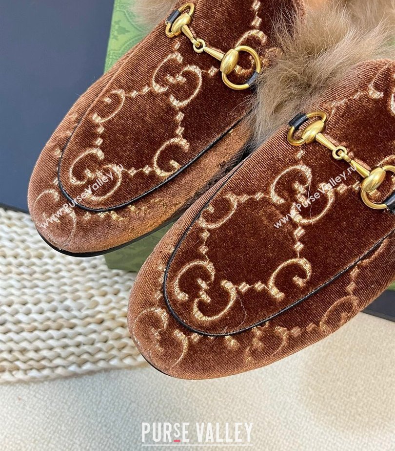 Gucci Wool Fur 2015 Re-Edition womens Princetown Slipper with Horsebit 397749 Jumbo GG Velvet Brown 01 2023 (modeng-23103066)