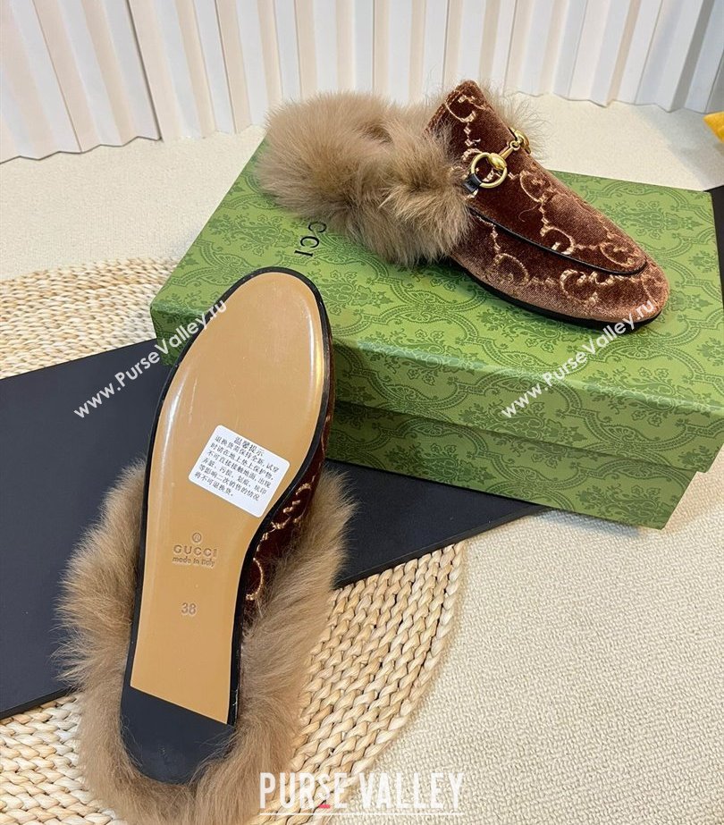 Gucci Wool Fur 2015 Re-Edition womens Princetown Slipper with Horsebit 397749 Jumbo GG Velvet Brown 01 2023 (modeng-23103066)