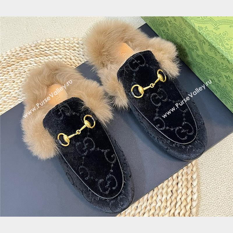 Gucci Wool Fur 2015 Re-Edition womens Princetown Slipper with Horsebit 397749 Jumbo GG Velvet Black 01 2023 (modeng-23103064)