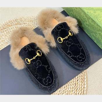Gucci Wool Fur 2015 Re-Edition womens Princetown Slipper with Horsebit 397749 Jumbo GG Velvet Black 01 2023 (modeng-23103064)