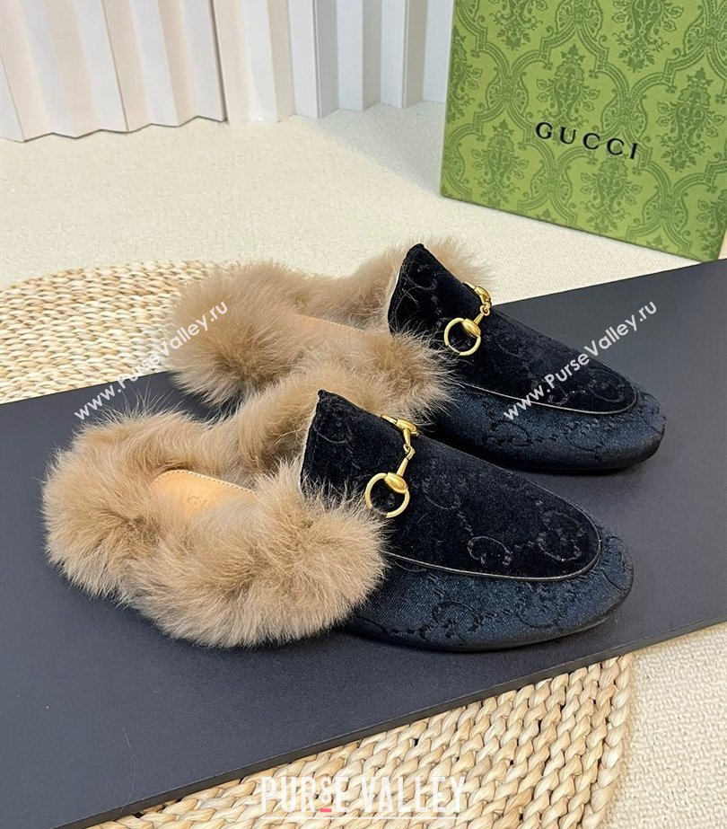 Gucci Wool Fur 2015 Re-Edition womens Princetown Slipper with Horsebit 397749 Jumbo GG Velvet Black 01 2023 (modeng-23103064)