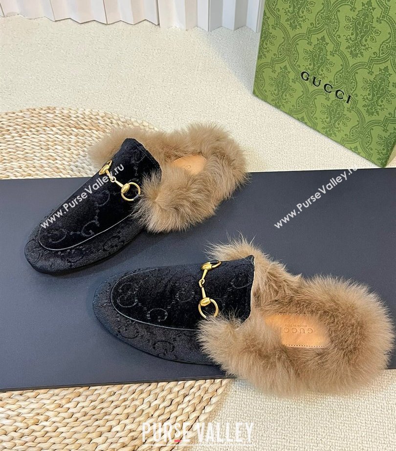 Gucci Wool Fur 2015 Re-Edition womens Princetown Slipper with Horsebit 397749 Jumbo GG Velvet Black 01 2023 (modeng-23103064)