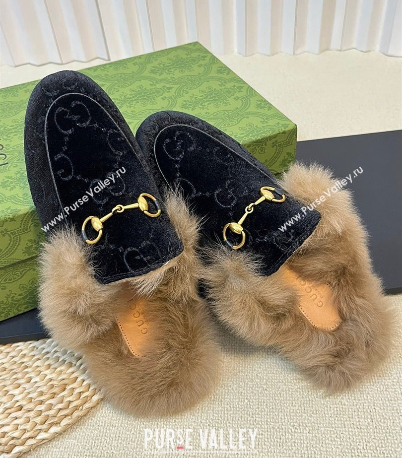 Gucci Wool Fur 2015 Re-Edition womens Princetown Slipper with Horsebit 397749 Jumbo GG Velvet Black 01 2023 (modeng-23103064)
