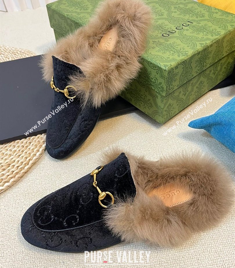 Gucci Wool Fur 2015 Re-Edition womens Princetown Slipper with Horsebit 397749 Jumbo GG Velvet Black 01 2023 (modeng-23103064)