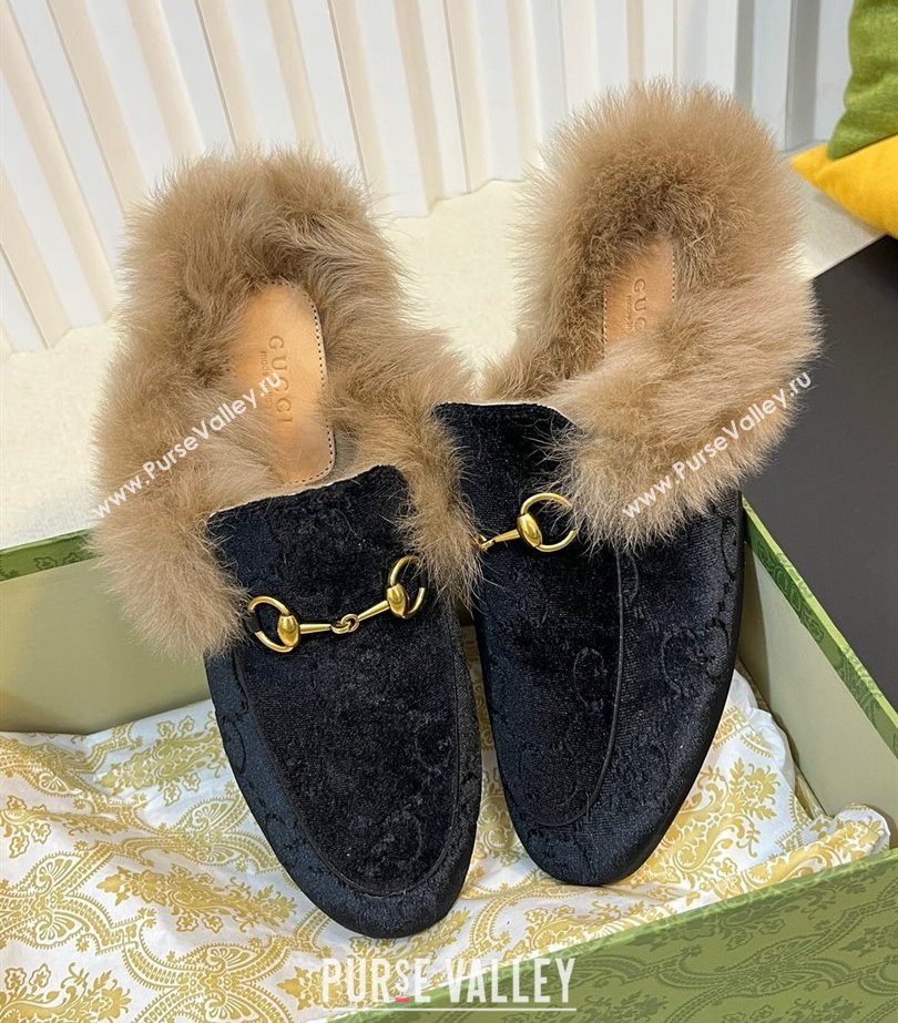 Gucci Wool Fur 2015 Re-Edition womens Princetown Slipper with Horsebit 397749 Jumbo GG Velvet Black 01 2023 (modeng-23103064)