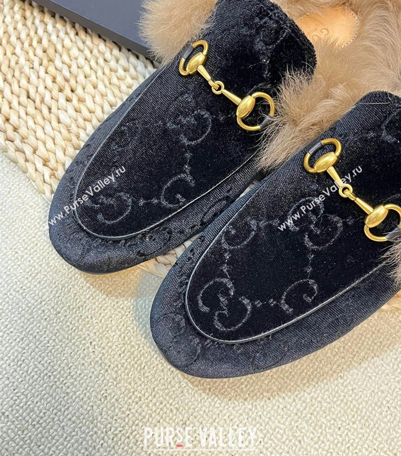 Gucci Wool Fur 2015 Re-Edition womens Princetown Slipper with Horsebit 397749 Jumbo GG Velvet Black 01 2023 (modeng-23103064)