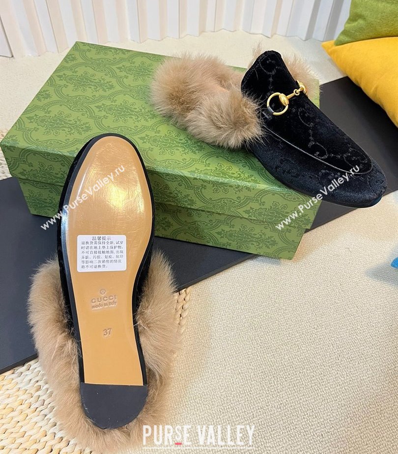 Gucci Wool Fur 2015 Re-Edition womens Princetown Slipper with Horsebit 397749 Jumbo GG Velvet Black 01 2023 (modeng-23103064)