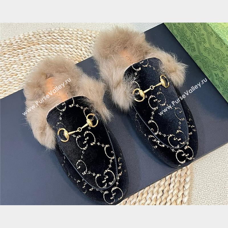 Gucci Wool Fur 2015 Re-Edition womens Princetown Slipper with Horsebit 397749 Jumbo GG Velvet Black 02 2023 (modeng-23103065)