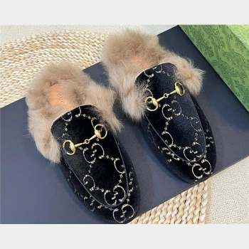 Gucci Wool Fur 2015 Re-Edition womens Princetown Slipper with Horsebit 397749 Jumbo GG Velvet Black 02 2023 (modeng-23103065)