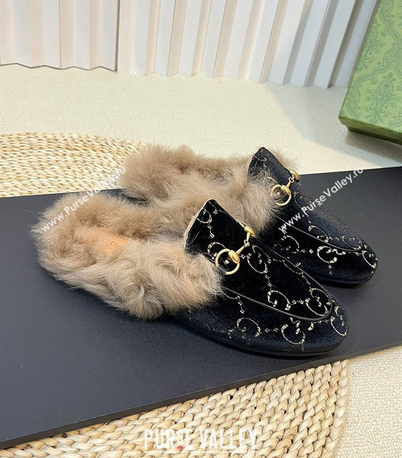 Gucci Wool Fur 2015 Re-Edition womens Princetown Slipper with Horsebit 397749 Jumbo GG Velvet Black 02 2023 (modeng-23103065)