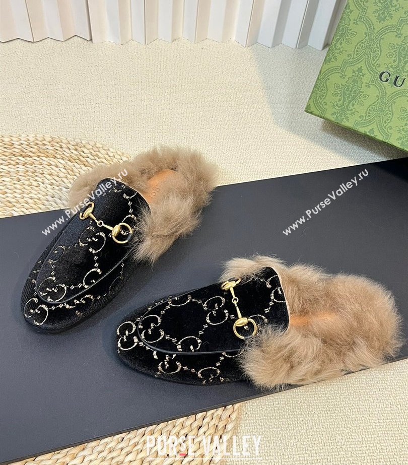 Gucci Wool Fur 2015 Re-Edition womens Princetown Slipper with Horsebit 397749 Jumbo GG Velvet Black 02 2023 (modeng-23103065)