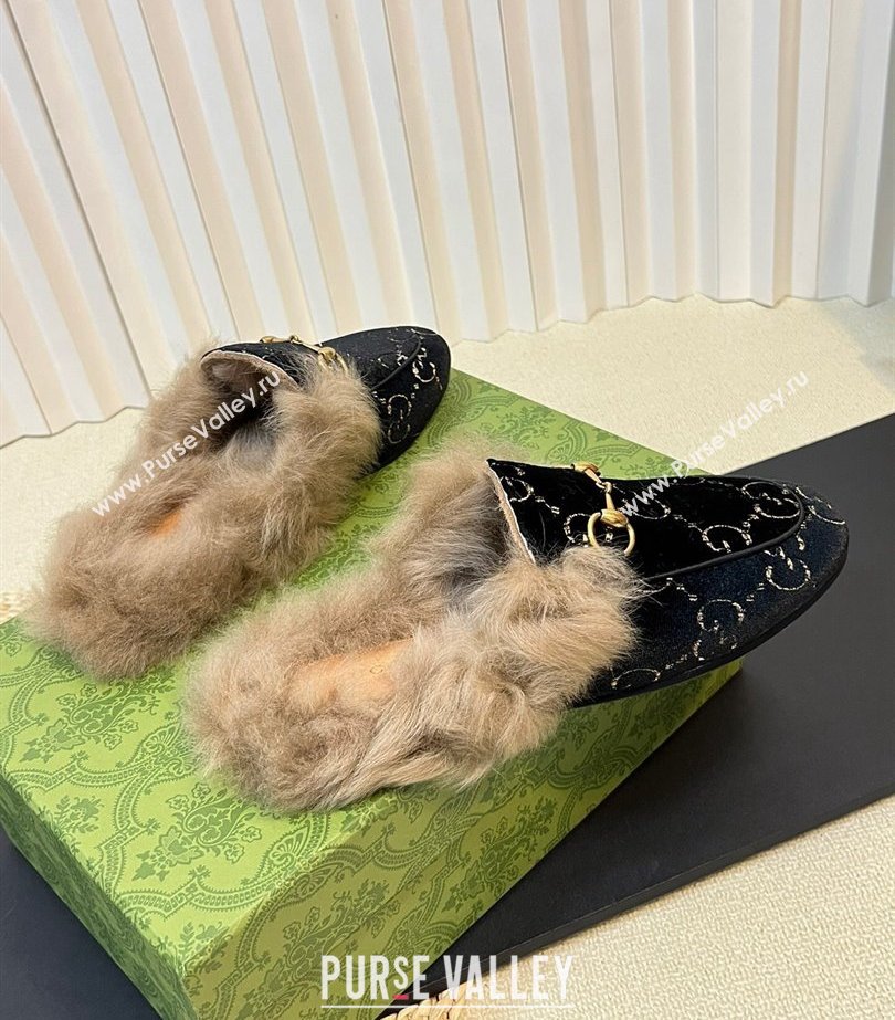 Gucci Wool Fur 2015 Re-Edition womens Princetown Slipper with Horsebit 397749 Jumbo GG Velvet Black 02 2023 (modeng-23103065)