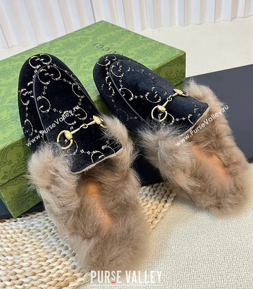 Gucci Wool Fur 2015 Re-Edition womens Princetown Slipper with Horsebit 397749 Jumbo GG Velvet Black 02 2023 (modeng-23103065)