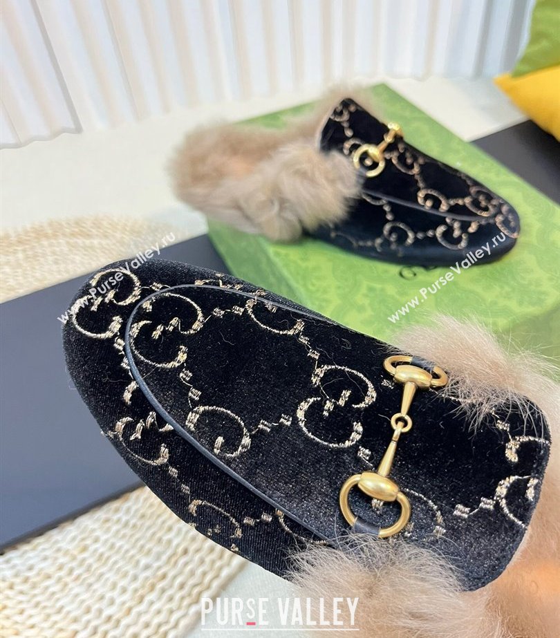 Gucci Wool Fur 2015 Re-Edition womens Princetown Slipper with Horsebit 397749 Jumbo GG Velvet Black 02 2023 (modeng-23103065)
