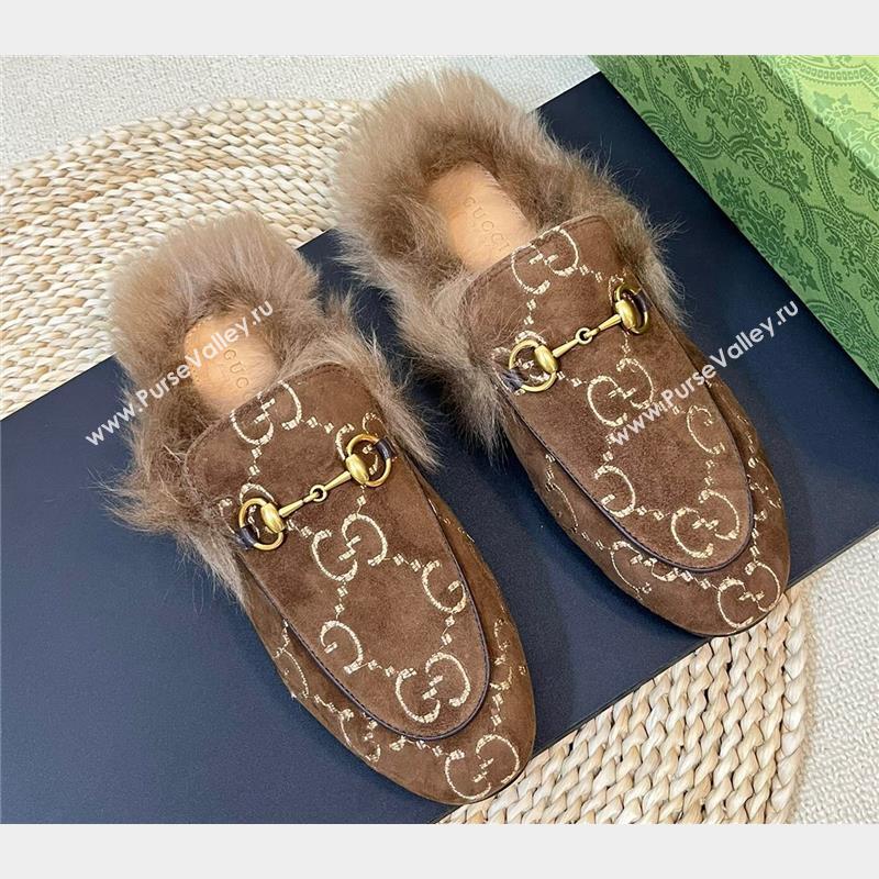 Gucci Wool Fur 2015 Re-Edition womens Princetown Slipper with Horsebit 397749 Jumbo GG Velvet Brown 02 2023 (modeng-23103067)