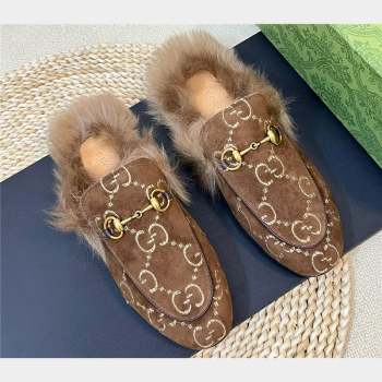 Gucci Wool Fur 2015 Re-Edition womens Princetown Slipper with Horsebit 397749 Jumbo GG Velvet Brown 02 2023 (modeng-23103067)