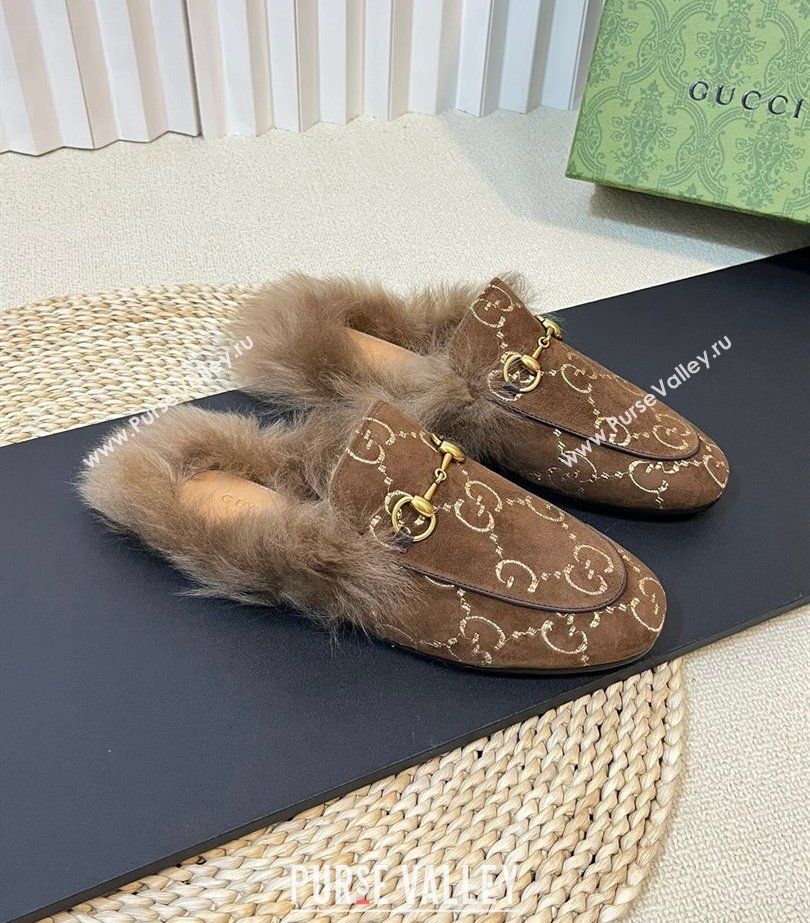 Gucci Wool Fur 2015 Re-Edition womens Princetown Slipper with Horsebit 397749 Jumbo GG Velvet Brown 02 2023 (modeng-23103067)